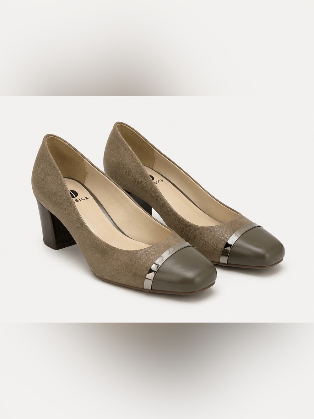Jessica Simpson Taupe Block Heel Pumps – Cap Toe Metallic Accent, Size 7M